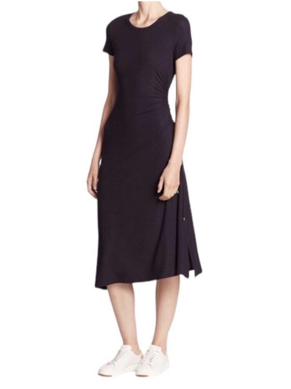 THEORY Jilaena Ruched Side Midi Tee Dress Womens S Black Crewneck Ribbed Viscose